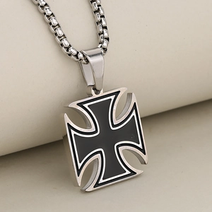 Hip hop vintage stainless steel Iron Cross pendant necklace with black enamel inlay