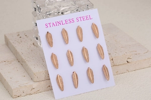 Detailed macro view of 12 rose gold feather stainless steel earrings on a white display card