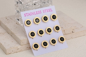 Lot de 6 paires de boucles d'oreilles en acier doré avec pierre noire et chiffres romains