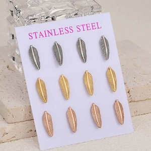 Set of 6 pairs feather leaf stainless steel stud earrings in silver gold rose gold