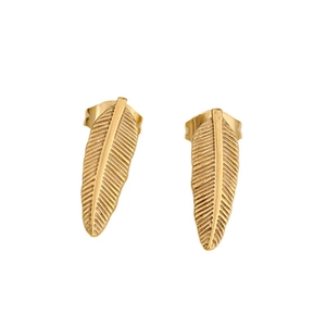 Elegant gold feather stud earrings in minimalist stainless steel for a stylish jewelry look