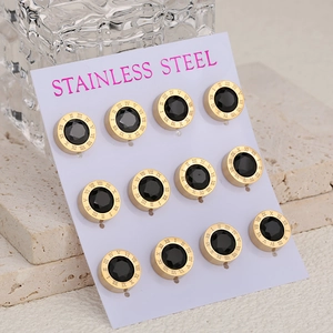 Boucles d'Oreilles Clous en Acier Inoxydable Chiffres Romains Rond Zirconia Pierre Noire Plaqué Or Argent Bijoux Vintage Femme