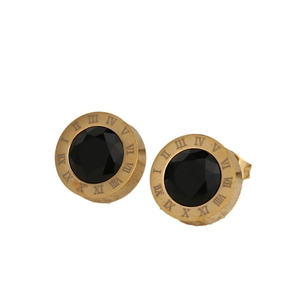 Boucles d'oreilles classiques en acier doré avec cristaux noirs et chiffres romains