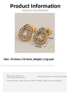 Macro detail of teardrop-shaped stainless steel earrings with sparkling crystal accents