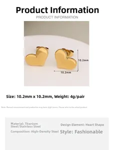 Detailed size specifications for 10.2mm gold heart stud earrings in stainless steel