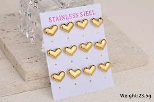 Set of 6 pairs gold heart stainless steel stud earrings on display card with 23.5g weight
