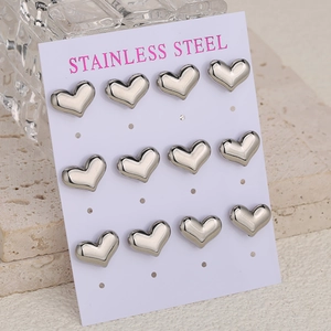 Polished silver heart stud earring set of 12 made of 316L durable stainless steel