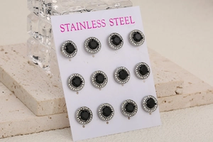 Lot de 6 paires de boucles d'oreilles en acier inoxydable avec pierres noires