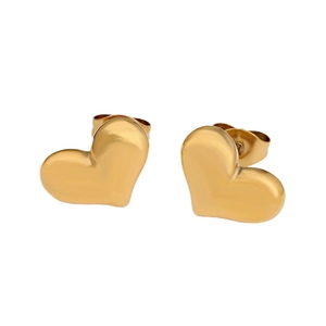 Polished heart-shaped stainless steel stud earrings in shiny gold-tone finish