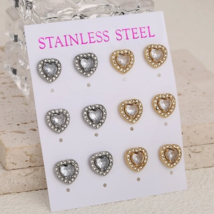 Set di 6 Paia di Orecchini a Lobo a Cuore in Acciaio Inossidabile per Donna con Zirconia e Strass Gioielli alla Moda