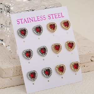 Set di 6 paia di orecchini a lobo a cuore rosso in acciaio inossidabile oro e argento