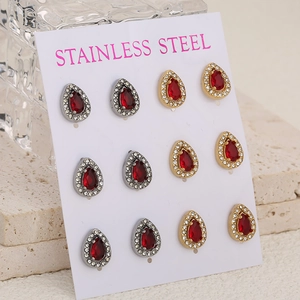 Double-layer stainless steel teardrop stud earrings set with red crystals and zircons