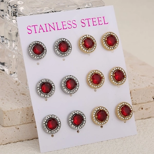 Lot de 6 paires de boucles d'oreilles rondes en acier inoxydable avec cristaux rouges