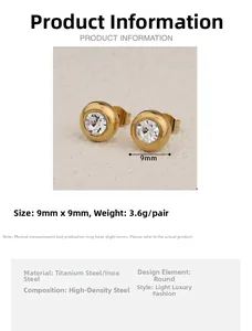 Detail showing 9mm round gold stainless steel stud earrings with central crystal stone