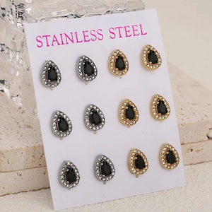 6 Pairs of teardrop double-layered crystal earrings in gold and silver stainless steel