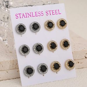 Lot de 6 paires de boucles d'oreilles halo rondes avec pierres noires et cristaux fins