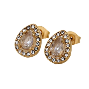 Double-layered gold-plated stainless steel pear-shaped stud earrings with halo diamonds