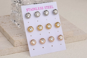Set of 6 pairs of stainless steel stud earrings with round cubic zirconia in various colors