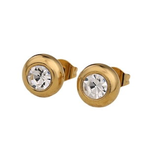 Classic minimalist round stainless steel stud earrings with clear sparkling zircon stones