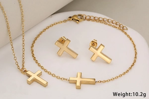 Poliertes Goldschmuck-Set aus Edelstahl mit Kreuzanhänger-Halskette und Armbändern