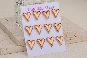 Lot de 12 paires de puces d'oreilles cœur en acier inoxydable poli couleur or rose