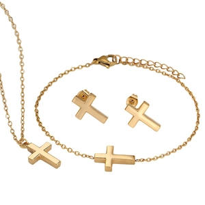 Poliertes goldfarbenes Edelstahlschmuckset mit Kreuzhalskette Armband und Ohrsteckern