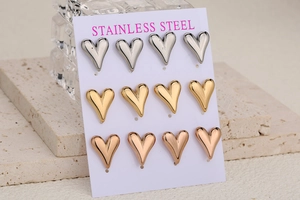 Lot de 12 boucles d'oreilles cœur en acier inoxydable argent, or et or rose poli