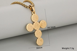 Detail view of a 43.5mm gold San Benito cross pendant showing dimensions and weight