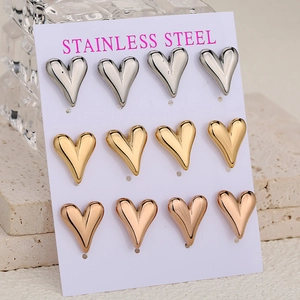 Lot de 12 paires de boucles d'oreilles cœur en acier inoxydable argent or et rose