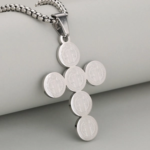 Vintage St. Benedict Medal cross pendant in stainless steel with a heavy curb chain link