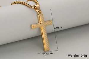 Detailed view of gold striped double-layer cross pendant showing 44x25.5mm dimensions