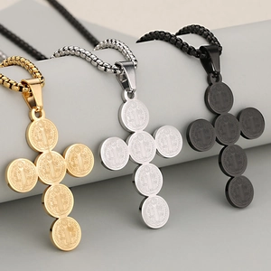 Saint Benedict cross necklaces in gold, silver and black finishes with box chains