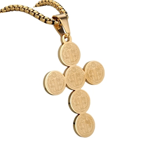 Gold Saint Benedict cross necklace with six medals and durable stainless steel box chain