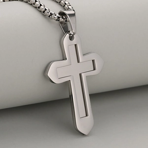 Poliertes doppellagiges Edelstahl-Kreuz-Halskette mit silberner Box-Kette für Herren