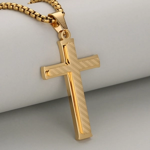 Retro Striped Stainless Steel Double Layer Cross Pendant Necklace Gold Silver Fashion 3D Geometric Jewelry For Men Women