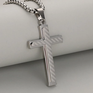 Men's retro stainless steel layered cross pendant necklace with striped texture finish