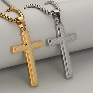 Retro striped double-layer stainless steel cross pendants in gold and silver finish