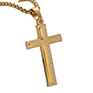 Double-layered golden stainless steel cross pendant with striped texture and box chain