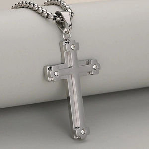 Polished silver stainless steel double-layered cross pendant necklace with round diamonds