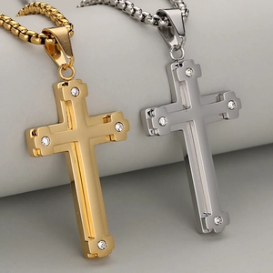 Double-layered stainless steel cross necklaces for men with silver and gold finishes