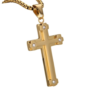 Minimalist double-layered gold stainless steel cross necklace with inset rhinestones