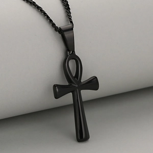 Collar con colgante de cruz Ankh de acero inoxidable negro pulido y cadena de eslabón