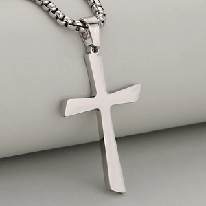 Polished silver stainless steel cross pendant necklace with box chain for men