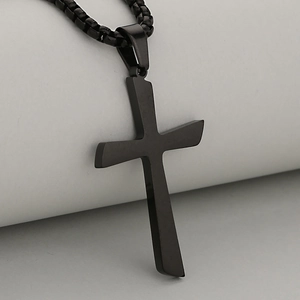 Minimalist black stainless steel cross pendant necklace with box chain for men