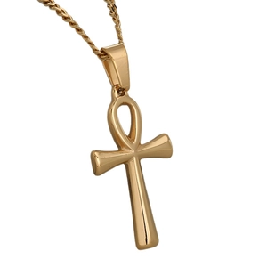 Colgante de cruz Ankh minimalista en oro pulido con una elegante cadena de cuerda
