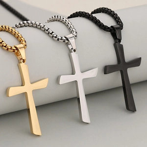 Polished stainless steel cross necklace pendants in gold, silver and black finishes
