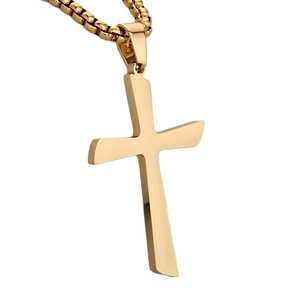 Polished gold stainless steel cross pendant necklace with box chain for men hip hop style