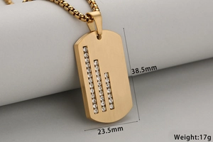 Macro shot of gold military dog tag pendant with vertical rhinestones, 38.5mm x 23.5mm