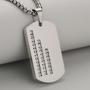 Mens brushed stainless steel military tag necklace with sparkling vertical crystal stripes
