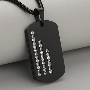 Men's black frosted dog tag necklace with three vertical rows of inlaid cubic zirconia